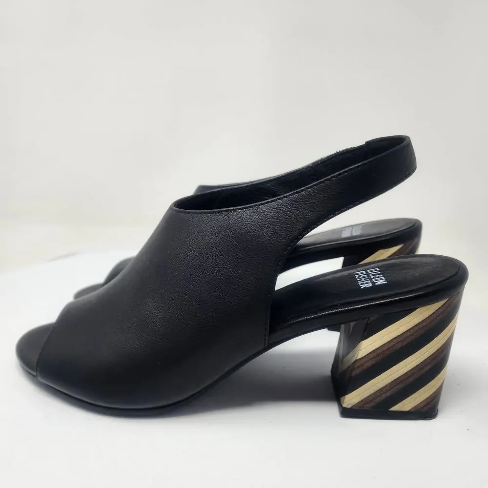Eileen Fisher Bobbie Slingback Sandal Women 9.5 Italian Black Leather Wood Heel